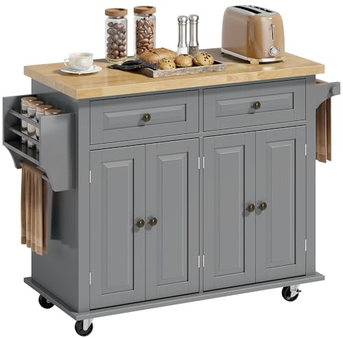 HOMCOM Carrello da Cucina con Ruote, Ripiani Regolabili e Portaspezie, Isola Cucina con Piano di Lavoro in Legno di Gomma, per Cucina e Soggiorno, 111x44.5x82.5 cm, Grigio