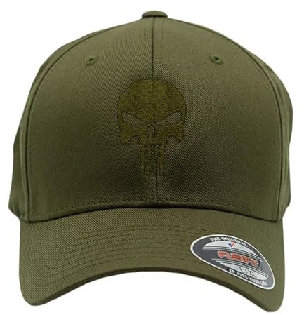 Café Viereck ® Unisex Cap Wooly Combed – Gestickt mit olivgrünem Punisher Zeichen – Olivgrüne Cap für Männer und Frauen - Größe L/XL (57-61 cm)