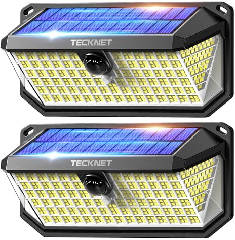 TECKNET Luce Solare LED Esterno, 416 Faretto LED da Esterno Solare con Sensore di Movimento, 300°Illuminazione IP66 Impermeabile Lampada Solare da Esterno, 3 Modos per Giardino, Patio e Garage 2 Pezzi