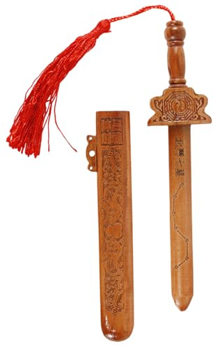 Wooden Sword 7.1 Inch Hand-Carved Chinese Peach Wood Kids Sword with Tassel Decorative Toy Sword for Office and Home Decoration Wood Sword Toy Swords Sword