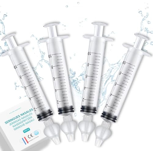 Siringa per lavaggi nasali bambini 10ml ABBICARE BPA-CE free | Kit 4 siringhe lavaggio nasale neonato con punte in silicone e guida ai consigli | Aspiratore nasale neonato acqua fisiologica