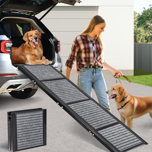 Extra Long 170cm Folding Dog Car Ramp for Large Dogs, Portable Pet Stair Ramp with Non-Slip Rug Surface, Extra Wide & Long Dog Steps for Large Dogs Up to 115kg (Rug Surface, 170cm Long × 44cm Wide)