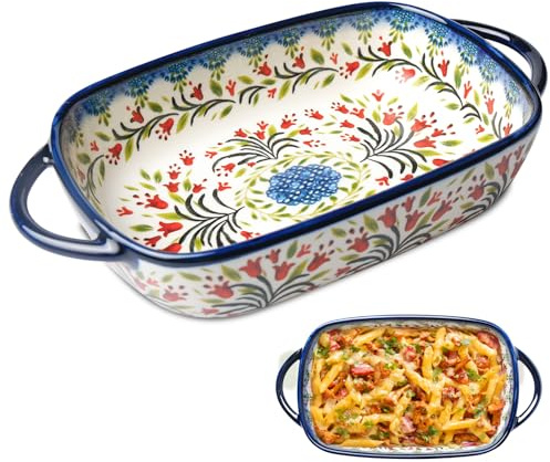 Fuente de cerámica rectangular atributos de cerámica para hornear, con asas, funcionalidad vintage, para cocina y mesa de comedor (mango doble, 23,5 x 13 x 5 cm)