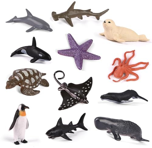 Maxmoc 12PCS Sea Animal Toys Set, Plastic Animals Toys | Realistic Ocean Animal Figures with Dolphin, Whale, Shark, Turtle, Penguin, Seal, Ideal as a Gift for Children