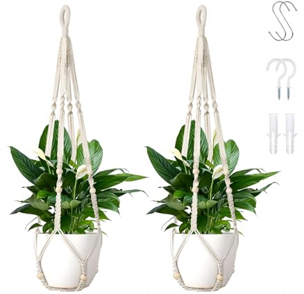 KiauFdcf 2er Set Makramee Blumenampel 35in - Baumwollseil Blumentopfhalter mit 4 Haken für Innen,Wohnzimmer,Garten, mit Perlen Deko,Elfenbein(Pflanzgefäße&Pflanzen Nicht Inbegriffen)