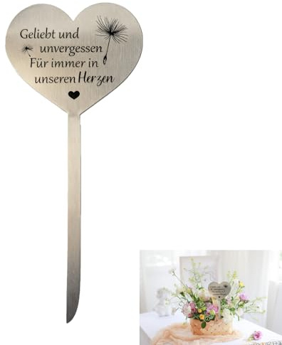 HAYGEM Palo da Tomba di Cuore, Spina per Tomba Acciaio Inox, Dente di Leone Perno per Tomba a Forma di Cuore, Targhe Decorative Cimiteriali con Geliebt Und Unvergessen，für Immer in Unseren Herzen