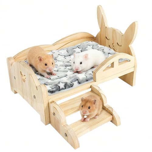 Ysislybin Letto per Porcellini D'India, 34 x 22 x 7 cm Letto in Legno per Piccoli Animali con Materasso Rimovibile e Scale Larghe 15,5 cm per Porcellini D'India Criceti Coniglio Furetti Ricci