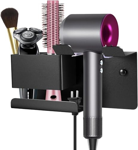 ZHXMALL Fönhalter Ohne Bohren,Wandhalterung Haartrockner,Föhn Halterung mit Steckerhalter & Aufbewahrung mit Kabelhalter und Ablagefach,Selbstklebend Fönhalterung für Bad Hotel