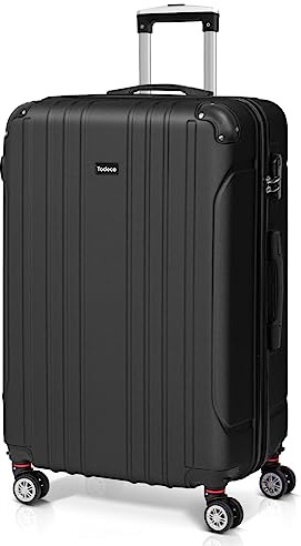Todeco Valise Grande Taille 78cm, Valise de Voyage Rigide et Légère en ABS, Bagage à roulettes avec 4 Doubles Roues Pivotantes 360°, 78x51x28cm, 80-90L, Noir