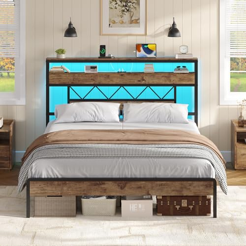 Double Bed Frame 135 x 190 cm with LED Lighting, Headboard with Sockets, 4FT6 Double Metal Bedframe with 2 Open Shelves, Solid and Stable, Noise Free, No Box Spring Required, Easy Assembly, Brown