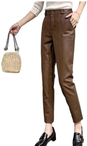 Women's Spring and Autumn Genuine Sheepskin Ankle-Length Pencil Pants Casual Leather Trousers 715 Coffee XXL