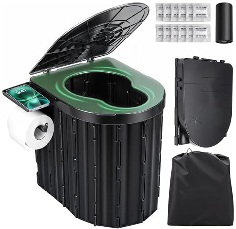 Camping Toilet, Portable Folding Toilet with Lid & Paper Holder for Adults