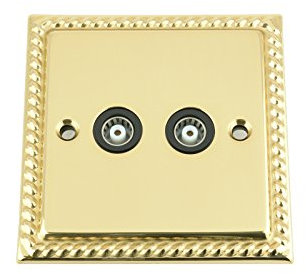 TV Coaxial Aerial Socket Double 2 Gang - Polished Mirror Brass Georgian - Black Insert