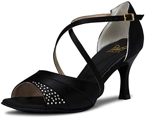 JIAJIA 20522 Latin Women's Sandals 2.95'' Flared Heel Super Satin Dance Shoes Color Black,Size 5.5 UK / 39 EU
