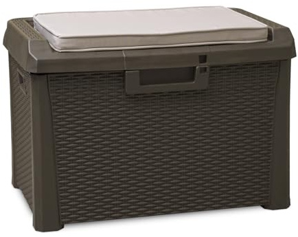 Toomax Compact Box Santorini Plus baule da 125L con seduta da giardino 73x50,5x49,5h cm, colore marrone effetto rattan, cuscino incluso, dotato di foro per lucchetto, ideale per esterni