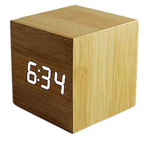ThreeH Reloj Despertador Digital con Inducción Inteligente, luz LED Madera Mini Cubo Cubo Despertador Escritorio Muestra Hora, Fecha, Temperatura para niños, Viaje AC10 Amarillo_Blanco