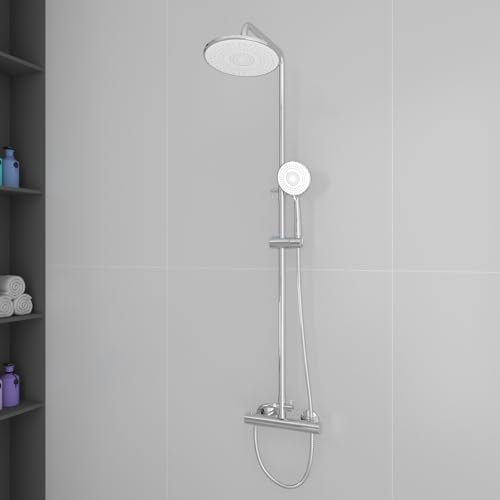 Plumbsys Duschsystem mit Thermostat,9.5” Runde Regendusche mit Thermostat armatur, Handbrause mit 3 Strahlarten,Thermostat Anti-Verbrühungs Duschset,Cool-Touch-Duscharmatur,Chrom