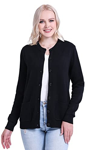 SMILING PINKER Mujer Cárdigan de Manga Larga Cálido Cuello Redondo Suéter Chaqueta con Botón y Bolsillos(Negro,XL)