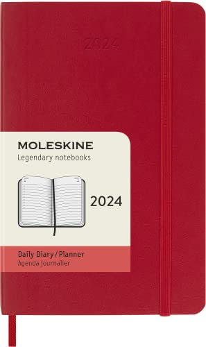 Moleskine Daily Agenda 12 Months 2024, Agenda 2024, Size Pocket 9x14, Soft Cover and Elastic Closure, Colour Scarlet Red