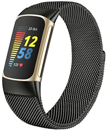 Surundo Compatible with Fitbit Charge 6/Fitbit Charge 5 Wristband, Milanese Stainless Steel Mesh Loop, Black, 6.1-10 (155mm-255mm), Magnetic Closure