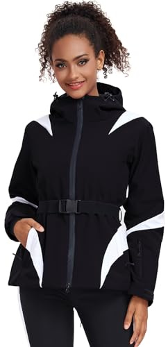 ALSOGO Veste de ski imperméable pour femmes, isolée, pour snowboard, montagne, avec capuche, en neige, manteau avec ceinture, Noir , XXL