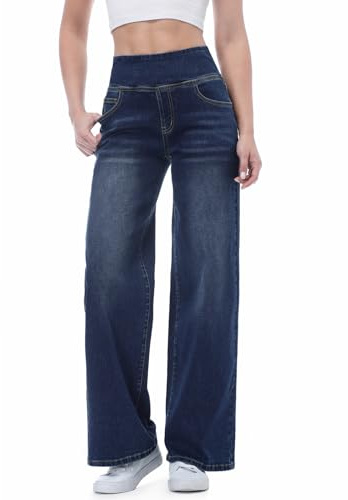 Chasehot Jeans Femme, Taille Haute, Coupe Droite, Straight, Mode Baggy, Jambes Large, Pantalon Femme, Taille Elastique, 4 Poches, Indigo Foncé-M