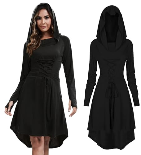 LLTTEER Conjunto de vestido medieval con capucha para mujer, Vestido gótico para mujer,vestido gótico, cosplay, para Halloween, carnaval (Negro, 4XL)