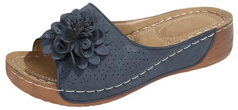 Tofflor, dam, bågsstöd, bekväma ortopediska damer, sommar, pantoletter, promenad, öppen keps, tofflor, fritid, PU-läder, vintage, sandaler, ledig fotbädd, kilklack, sandaler för dagligt bruk, blå, 40