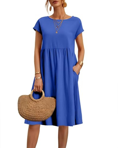 2025 Vestidos de Mujer Verano Cuello Redondo Manga Corta Vestidos Casual Cómodo Vestido de Lino Transpirable Elegante Color Sólido Vintage Vestido Boho Vestidos hasta la Rodilla Ancho Vestido de Playa