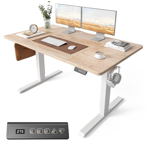 Cubiker Electric Standing Desk 140 x 70 cm, Height Adjustable Sit Stand Desk with Memory Presets, Home Office Computer Desk, White Frame with Oak Top