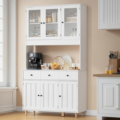 Blishom Armadio con piano di lavoro, armadietto a buffet con LED, credenza alta, Armadio per alimenti di grande capacità a 6 ante, 100x38x180cm