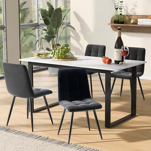 BXEYXE matgrupp. (Set. 140/180 × 80 × 75 cm matbord med 4 stolar). Modernt köksbordsset, Matrumsstol av grå sammet, MDF-bordsskiva i vitt, svarta bordsben