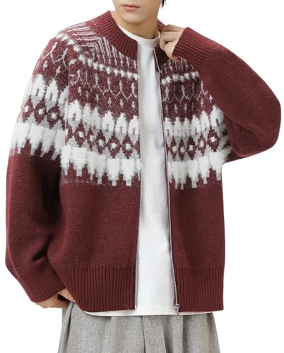 Generisch Maglione con chiusura lampo da uomo, cardigan norvegese, maglione di lana islandese, motivo islandese, maglione, trama cardigan, lana, maglione invernale leggero, rosso mattone, L