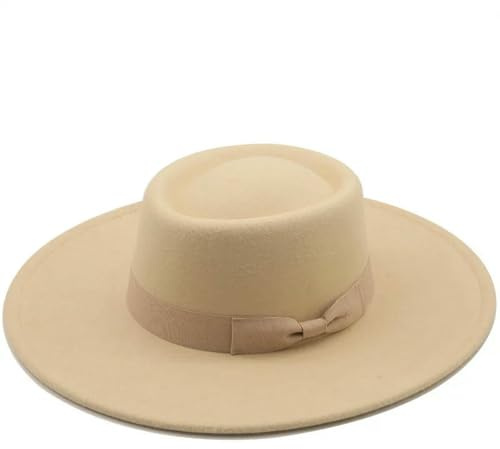 LUYYBDBG Bonnet d'hiver Chapeau Haut De Forme Plat Noir Uni À Bord Large 9 5 Cm, ​​Chapeaux en Feutre Fedora pour Femmes avec Nœud Papillon, Casquette Panama Vintage Église Et Mariage-Beige