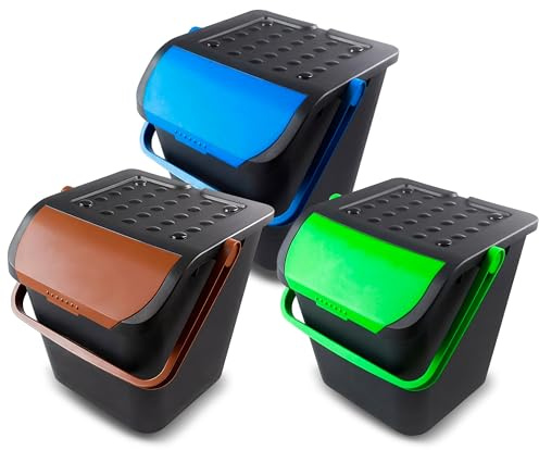ZETA TRADES Pack 3 Cubos Basura 35 Litros Multicolor | Tapa Apilable Cocina