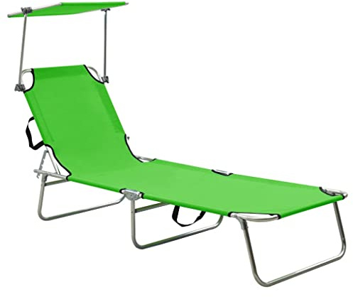 QJBSAVVA Tumbona con toldo verde, tumbona de jardín plegable de aluminio, respaldo ajustable, tumbona de tres patas para playa y terraza, soporta hasta 110 kg, 187 x 57,5 cm
