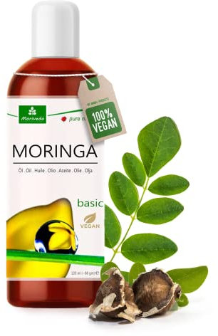 MoriVeda® Moringa Basic Oil 100ml, spremuto dai semi e dai baccelli dell'oleifera, per pelle, capelli, ferite, olio di behen anti-età (1x100ml)