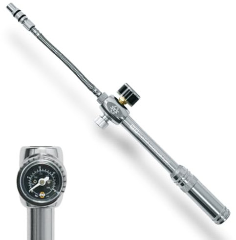 SKS GERMANY MSP Dämpferpumpe (Luftpumpe für AV-Ventile, Druckablassschraube, abschraubbarer Stahlflexschlauch, 2-stufiges Dichtungssystem, max. Druck: 22 bar/315 PSI), silber