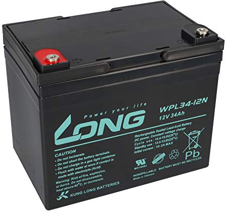 Kung Long 12V 34Ah WPL34-12N, Bleiakku Batterie, geeignet für Sicherheitstechnik, Brandmeldeanlagen, ELA-Anlagen, USV, Telekommunikation, Notstromanlagen (34Ah)