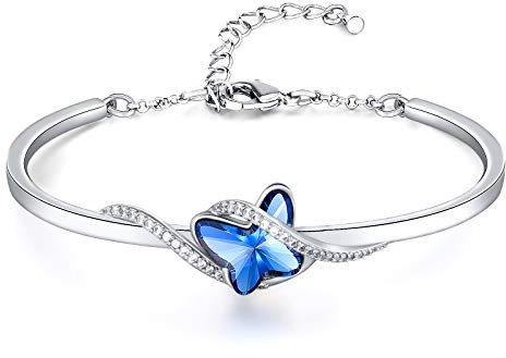 GEORGE · SMITH - Braccialetto rigido da donna, placcato argento, ciondolo a forma di farfalla con pietra blu/viola, per Natale, compleanno, San Valentino, per mamma, fidanzata, figlia, moglie,