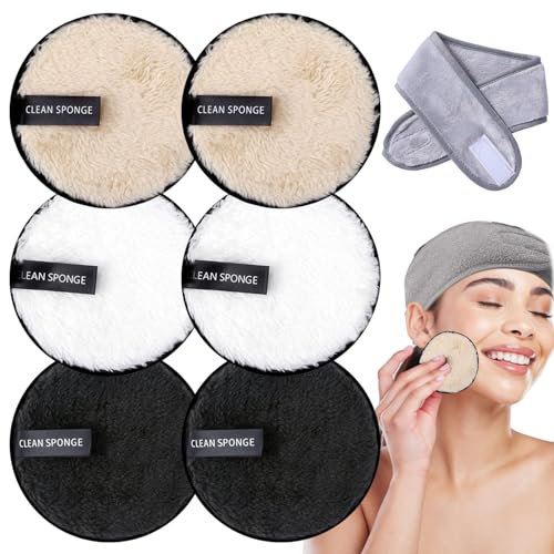 Reusable Makeup Remover Pads - 7 Pack Large Double Sided Face & Eye Cleansing Pads with Spa Headbands - Washable Microfibre Cotton for All Skin Types