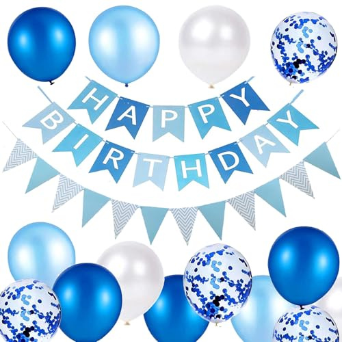 Happy Birthday Banner and Balloons - Blue Birthday Decoration with Ribbons and Banners for Party Supplies