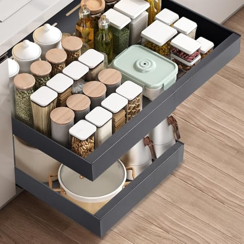 Pull out Cabinet Organiser, Slide out Drawers for Kitchen Cabinets, no Drill Adjustable Drawers, pull out Kitchen Storage,Cupboard Organiser that Requires no Drilling and Nailing (Dark gray(1 pack))