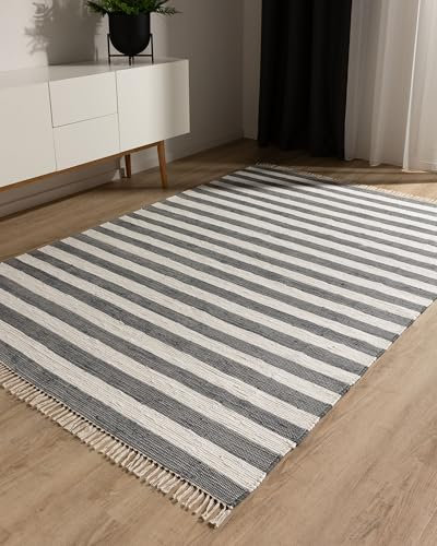 benuta Pop Baumwollteppich Tom - Grau/Creme 70x120 cm - Handgewebter Wohnzimmer Teppich - 100% Recycelte Baumwolle - Für Fußbodenheizung geeignet