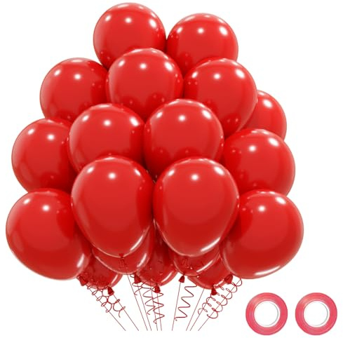 QIFU 30 cm röda ballonger, 50 st starka tjocka röda latexballonger, festballong med 2 rosband för flickor födelsedag, jul, bröllop, alla hjärtans dag, dop, årsdag, babyshower