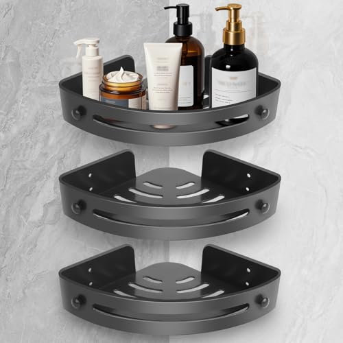 Suimlmta Corner Shower Caddy, No Drill Shower Shelf Organiser Black Plastic Bathroom Triangle Shelves Wall Mounted Showers Basket Rack, 3 Tiers