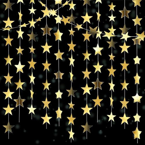 Glitter Star Garland Banner Decor, Double Side Glitter Paper Star Garland,13 Feet Bright Star Hanging Bunting Banner Backdrop for 2025 New Year Decor Graduation Wedding Birthday Christmas (golden)