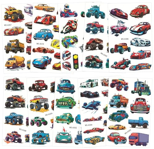 Qpout 90pcs Coche de Carreras Y CamióN Monstruo Tatuajes Temporales para NiñOs,Ruedas Falsas Tatuaje Pegatinas para NiñOs Coche de Carreras Fiesta de CumpleañOs Favores Suministros Decoraciones