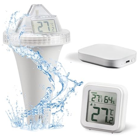 Wlan pooltermometer, kombinationsset med WiFi gateway-hub, flytande IPX7 vattentät, pooltermometer med app fjärrövervakning och stor digital skärm, larm, vit