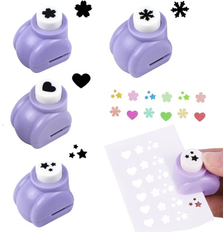Perforadora Papel Formas, 4 Piezas Troqueladora Papel con Diseño de Estrella, Corazón, Flores de Cerezo, Copo de Nieve, Perforadora papel Mini para Proyectos DIY y Manualidades Scrapbooking